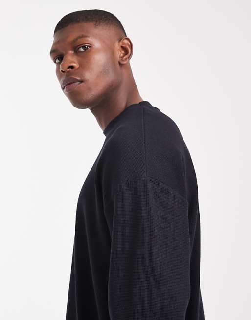 DESIGN Oversized Long Sleeve T-shirt In Black Waffle