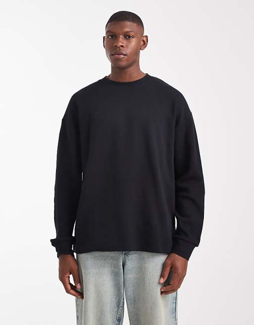 DESIGN oversized long sleeve t-shirt in black waffle