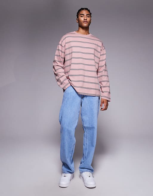 DESIGN Oversized Long Sleeve T-shirt In Pink And Grey Stripe