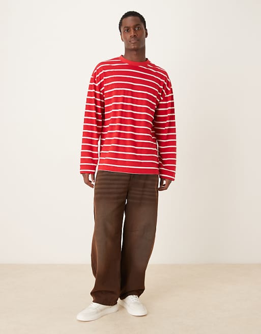 DESIGN Oversized Long Sleeve T-shirt In Red And White Stripe