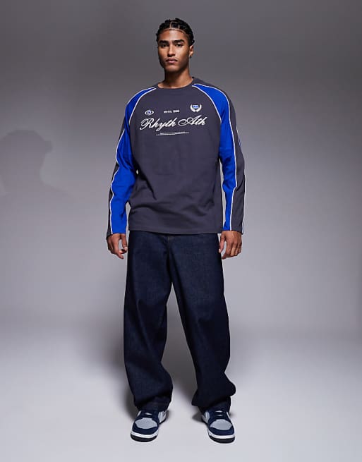 DESIGN Oversized Long Sleeve T-shirt Panelling Detail And Sports Graphic Charcoal And Blue