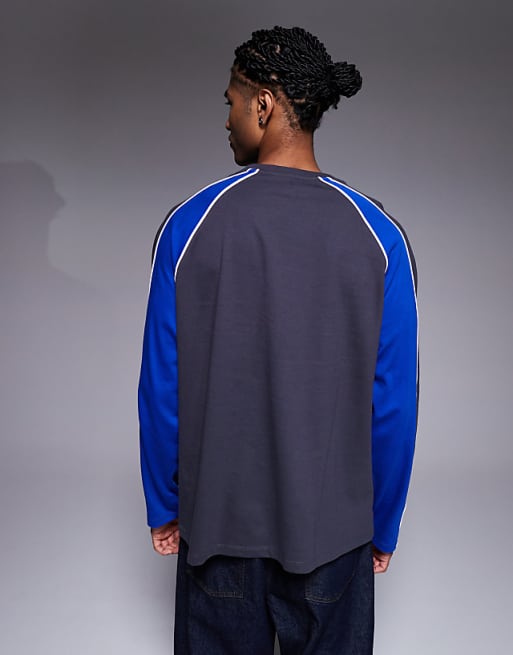 DESIGN Oversized Long Sleeve T-shirt Panelling Detail And Sports Graphic Charcoal And Blue
