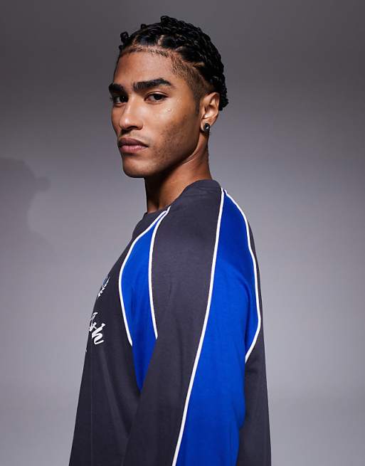 DESIGN Oversized Long Sleeve T-shirt Panelling Detail And Sports Graphic Charcoal And Blue