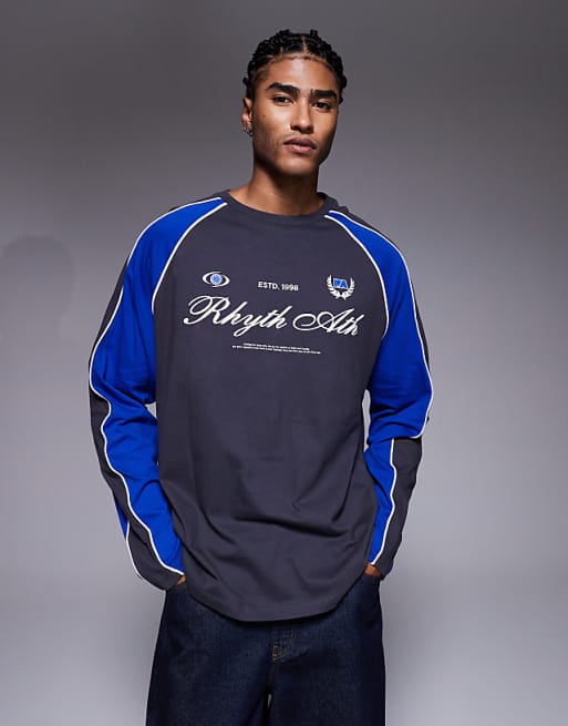 DESIGN oversized long sleeve t-shirt panelling detail and sports graphic charcoal and blue