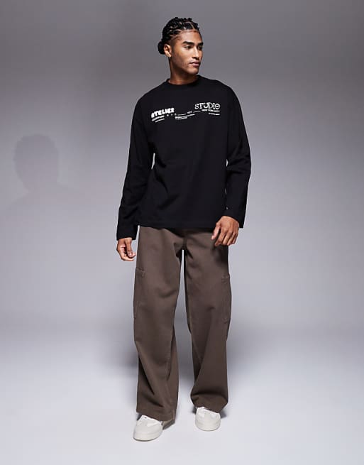 DESIGN Oversized Long Sleeve T-shirt With Atelier Studio Graphic In Black