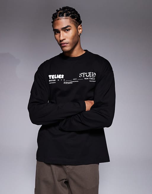 DESIGN Oversized Long Sleeve T-shirt With Atelier Studio Graphic In Black