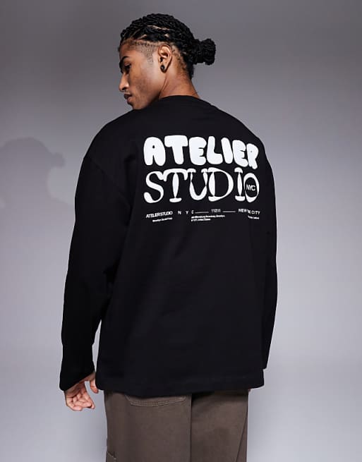 DESIGN oversized long sleeve t-shirt with atelier studio graphic in black