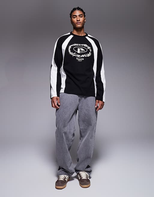DESIGN Oversized Long Sleeve T-shirt With Chest Graphic And Panelling In Charcoal And Cream