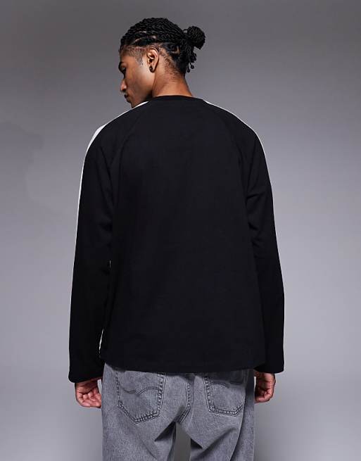 DESIGN Oversized Long Sleeve T-shirt With Chest Graphic And Panelling In Charcoal And Cream