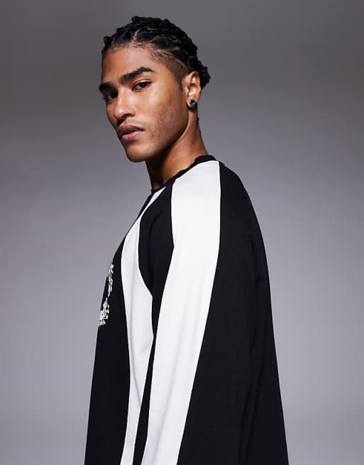 DESIGN Oversized Long Sleeve T-shirt With Chest Graphic And Panelling In Charcoal And Cream