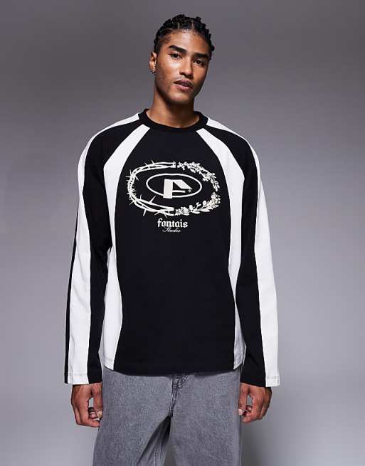 DESIGN Oversized Long Sleeve T-shirt With Chest Graphic And Panelling In Charcoal And Cream