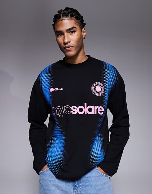 DESIGN oversized long sleeve t-shirt with football inspired high build graphic in black
