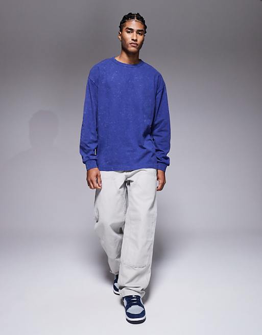 DESIGN Oversized Long Sleeve T-shirt With Motor Graphic In Washed Navy
