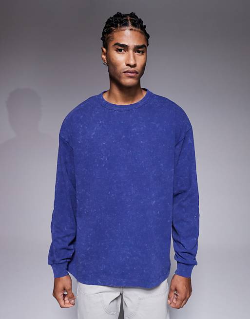 DESIGN Oversized Long Sleeve T-shirt With Motor Graphic In Washed Navy
