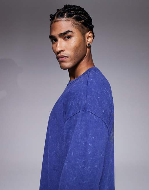 DESIGN Oversized Long Sleeve T-shirt With Motor Graphic In Washed Navy
