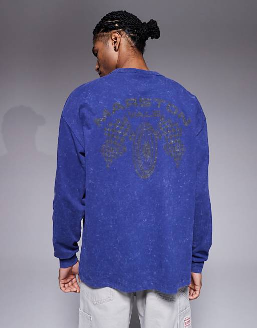 DESIGN oversized long sleeve t-shirt with motor graphic in washed navy