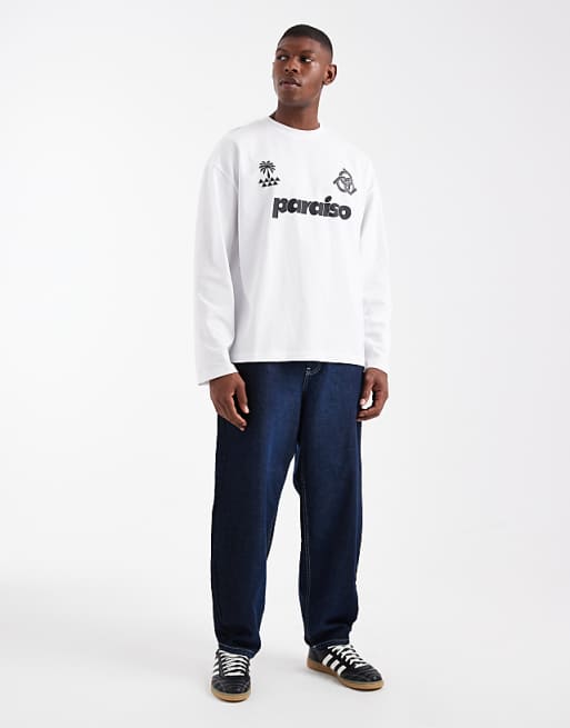 DESIGN Oversized Long Sleeve T-shirt With Paraiso Graphic In White