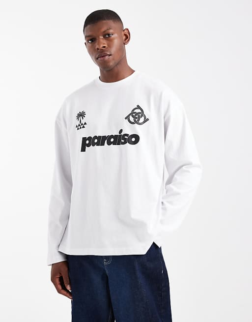 DESIGN oversized long sleeve t-shirt with paraiso graphic in white