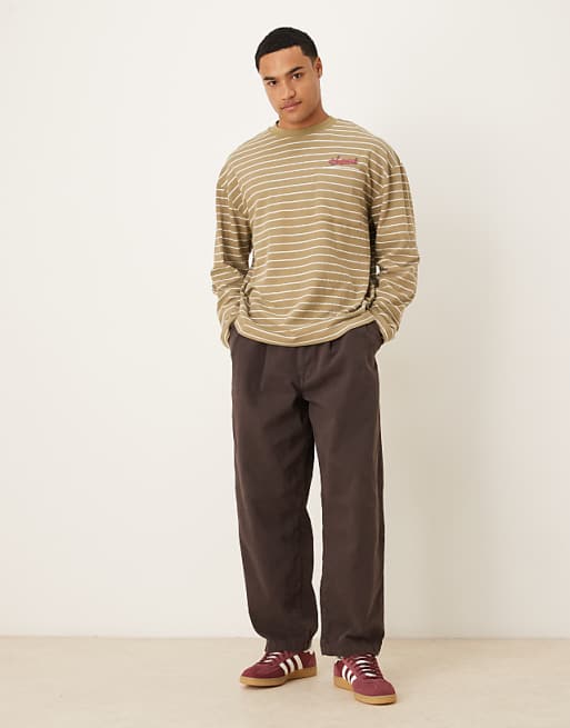 DESIGN Oversized Long Sleeve T-shirt With Pocket Embroidery In Green Stripe