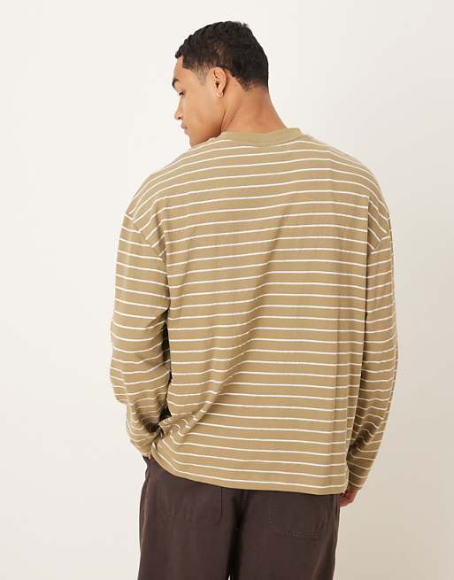 DESIGN Oversized Long Sleeve T-shirt With Pocket Embroidery In Green Stripe