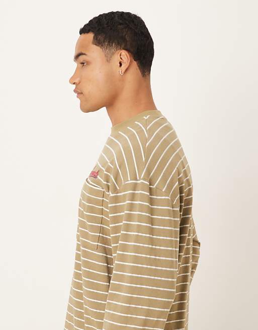 DESIGN Oversized Long Sleeve T-shirt With Pocket Embroidery In Green Stripe