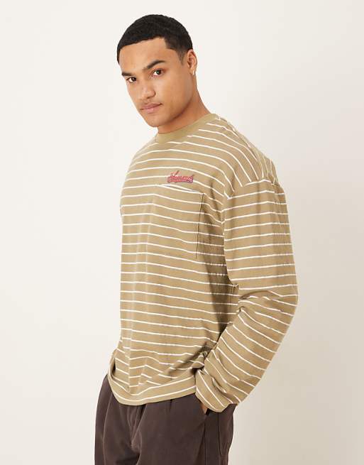 DESIGN oversized long sleeve t-shirt with pocket embroidery in green stripe