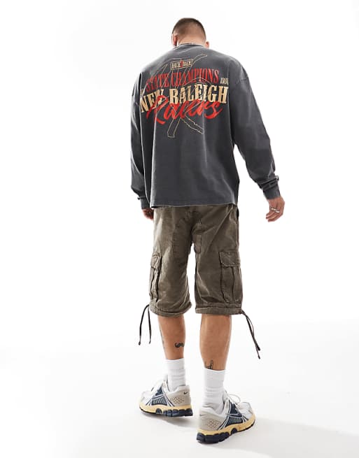 DESIGN Oversized Long Sleeve T-shirt With Racing Chest And Back Print In Washed Black