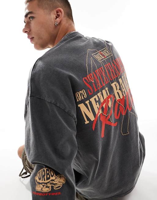 DESIGN Oversized Long Sleeve T-shirt With Racing Chest And Back Print In Washed Black
