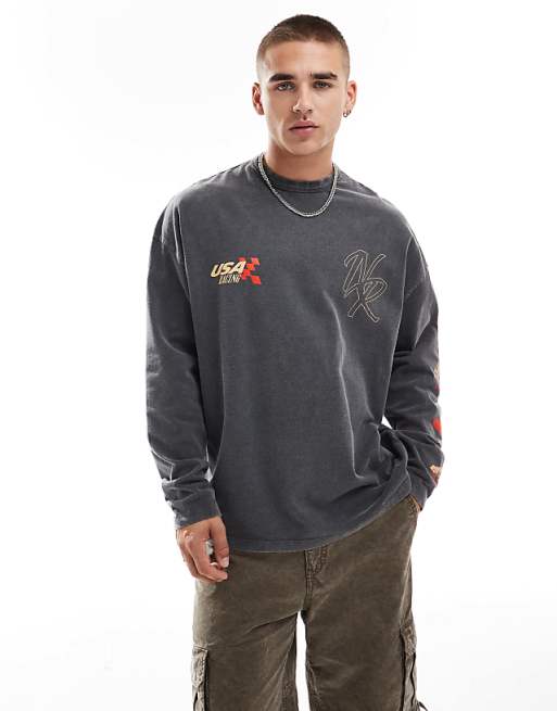 DESIGN Oversized Long Sleeve T-shirt With Racing Chest And Back Print In Washed Black