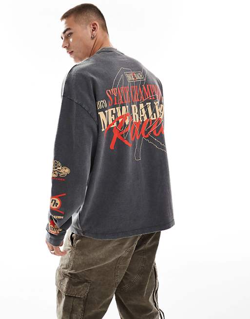 DESIGN oversized long sleeve t-shirt with racing chest and back print in washed black