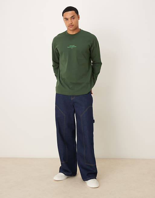 DESIGN Oversized Long Sleeve T-shirt With Tonal Text Print In Dark Green
