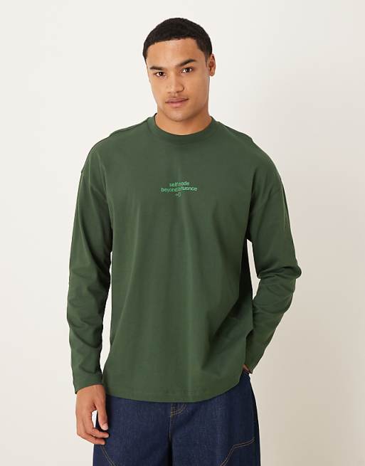 DESIGN Oversized Long Sleeve T-shirt With Tonal Text Print In Dark Green