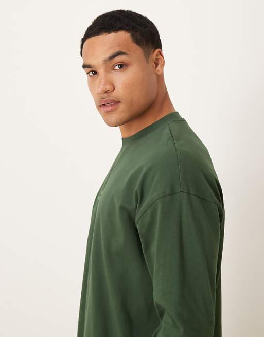 DESIGN Oversized Long Sleeve T-shirt With Tonal Text Print In Dark Green
