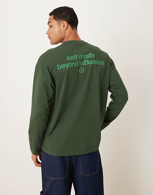 DESIGN oversized long sleeve t-shirt with tonal text print in dark green