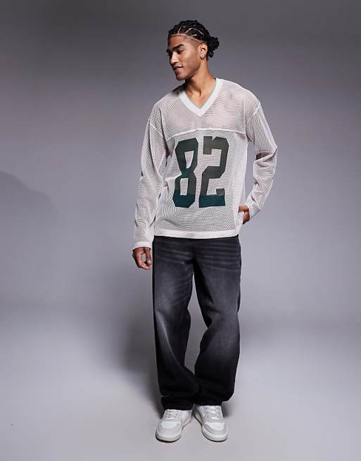 DESIGN Oversized Long Sleeve T-shirt With V Neck And Sports Graphic In Beige Open Mesh