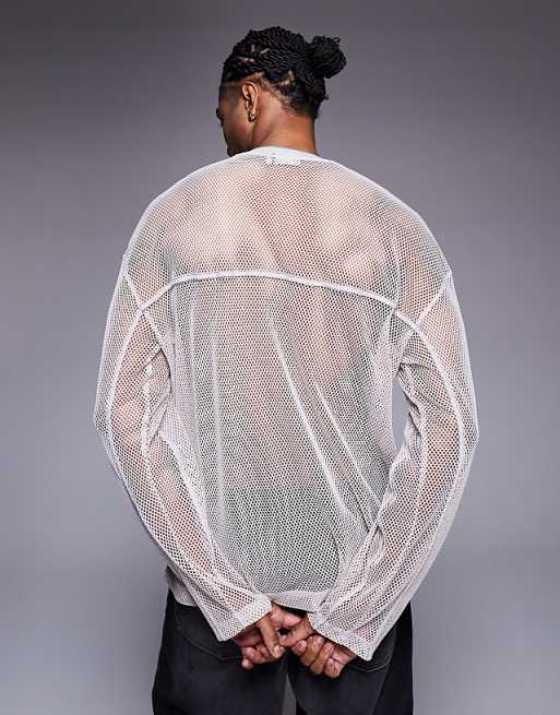DESIGN Oversized Long Sleeve T-shirt With V Neck And Sports Graphic In Beige Open Mesh