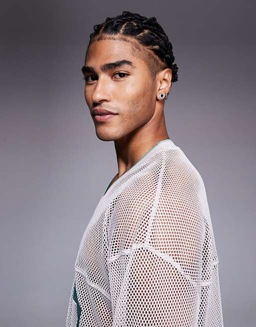 DESIGN Oversized Long Sleeve T-shirt With V Neck And Sports Graphic In Beige Open Mesh