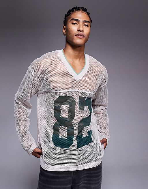 DESIGN oversized long sleeve t-shirt with v neck and sports graphic in beige open mesh