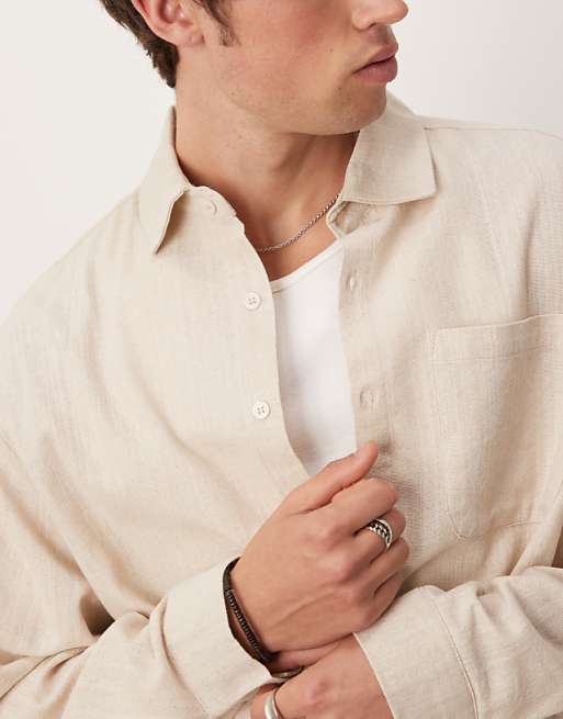 DESIGN Oversized Long Sleeved Linen Look Shirt In Sand