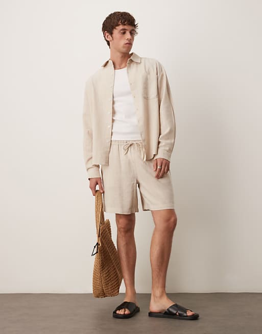 DESIGN Oversized Long Sleeved Linen Look Shirt In Sand