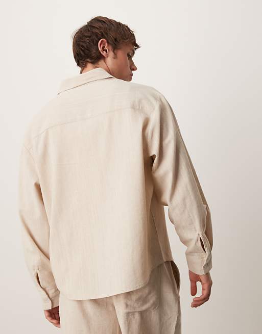 DESIGN Oversized Long Sleeved Linen Look Shirt In Sand