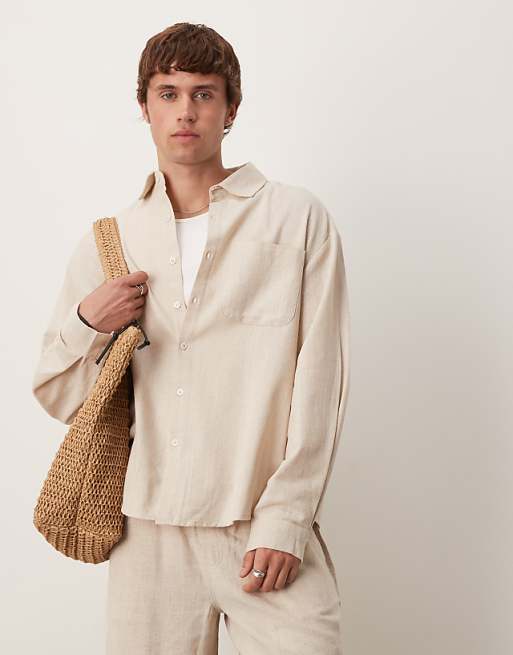 DESIGN oversized long sleeved linen look shirt in sand
