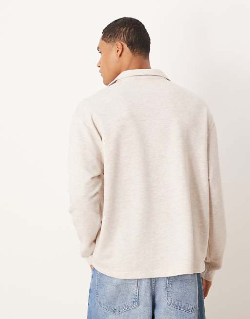 DESIGN Oversized Long Sleeved Loopback Polo In Stone