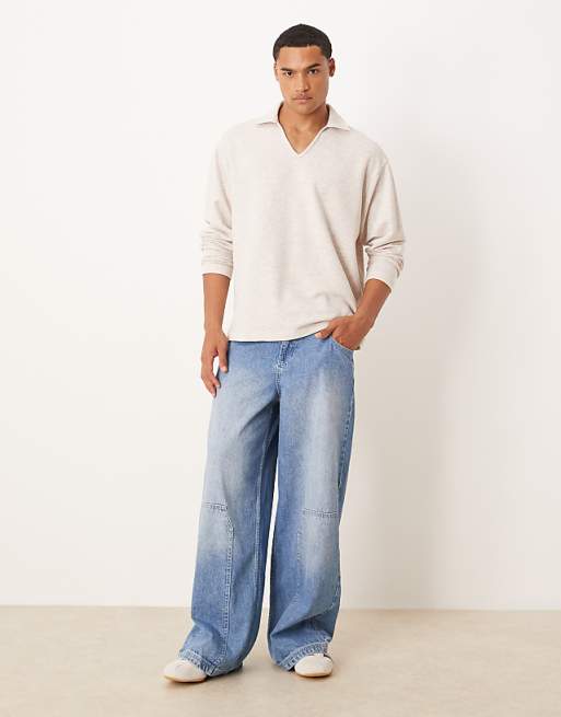 DESIGN Oversized Long Sleeved Loopback Polo In Stone