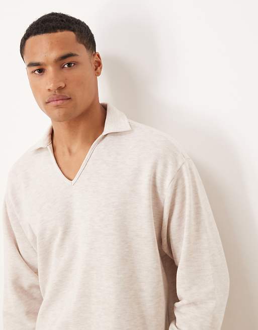 DESIGN Oversized Long Sleeved Loopback Polo In Stone