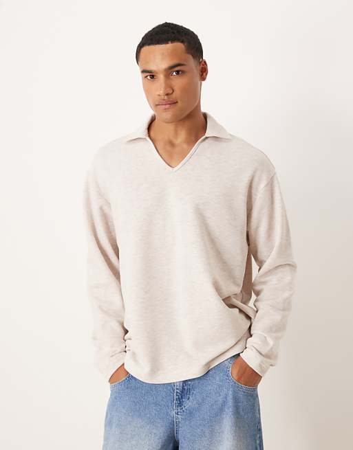 DESIGN oversized long sleeved loopback polo in stone