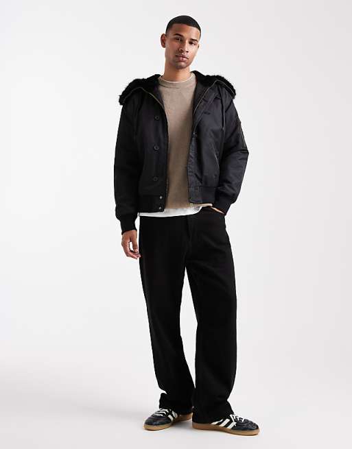 DESIGN Oversized MA1 Bomber Jacket With Faux Fur Hood In Black