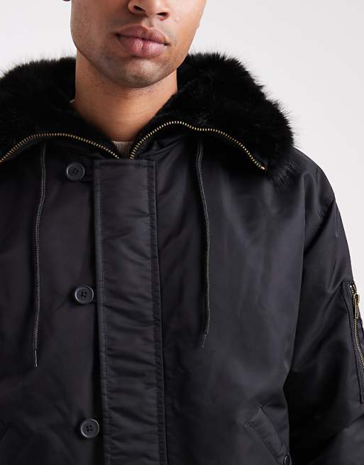 DESIGN Oversized MA1 Bomber Jacket With Faux Fur Hood In Black