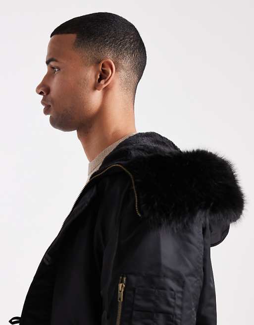 DESIGN Oversized MA1 Bomber Jacket With Faux Fur Hood In Black