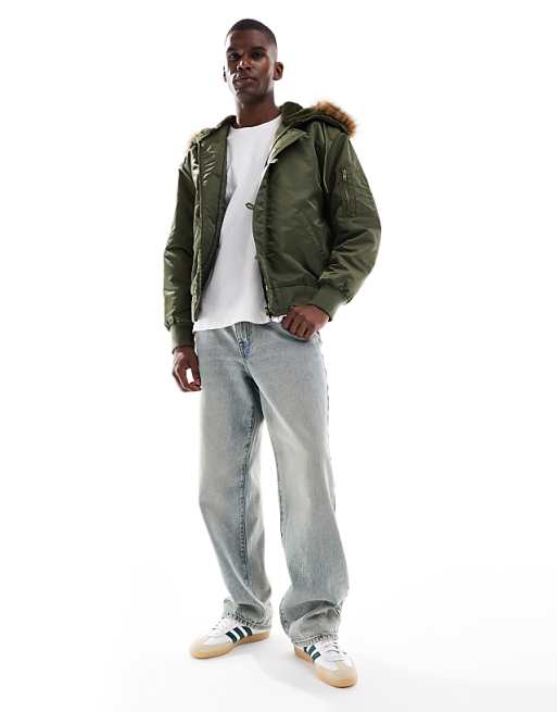 DESIGN Oversized MA1 Bomber Jacket With Faux Fur Hood In Khaki